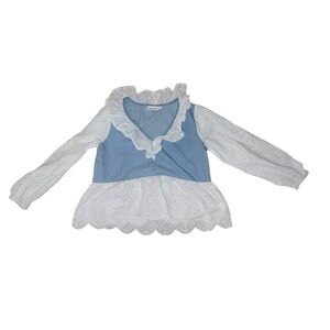 ROLLER RABBIT Demin WHITE EYELET TRIM V- Neck Sz S Baloon Sleeve Boho Bohemian